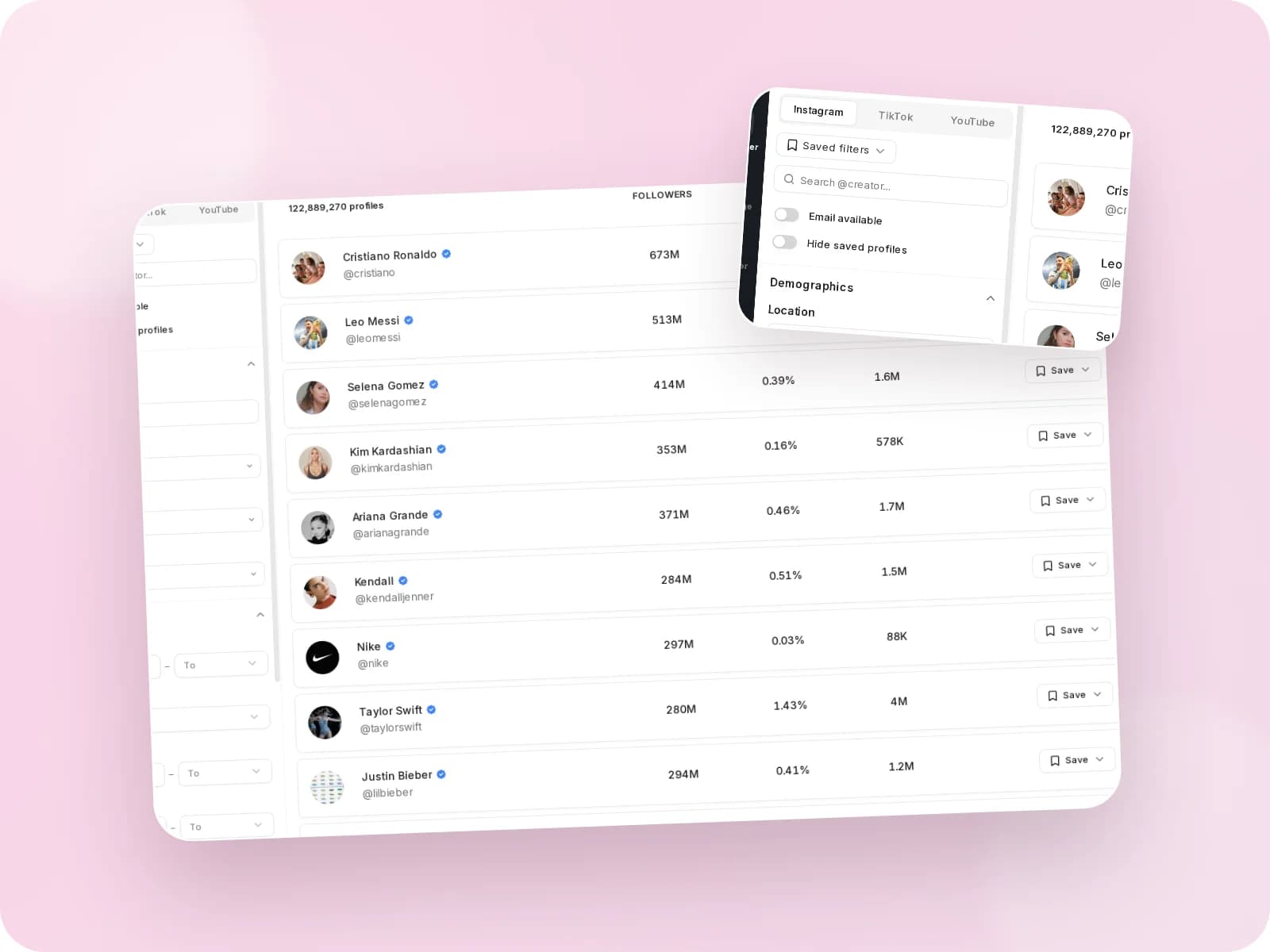 Leewou creator search results with follower, engagement and audience data