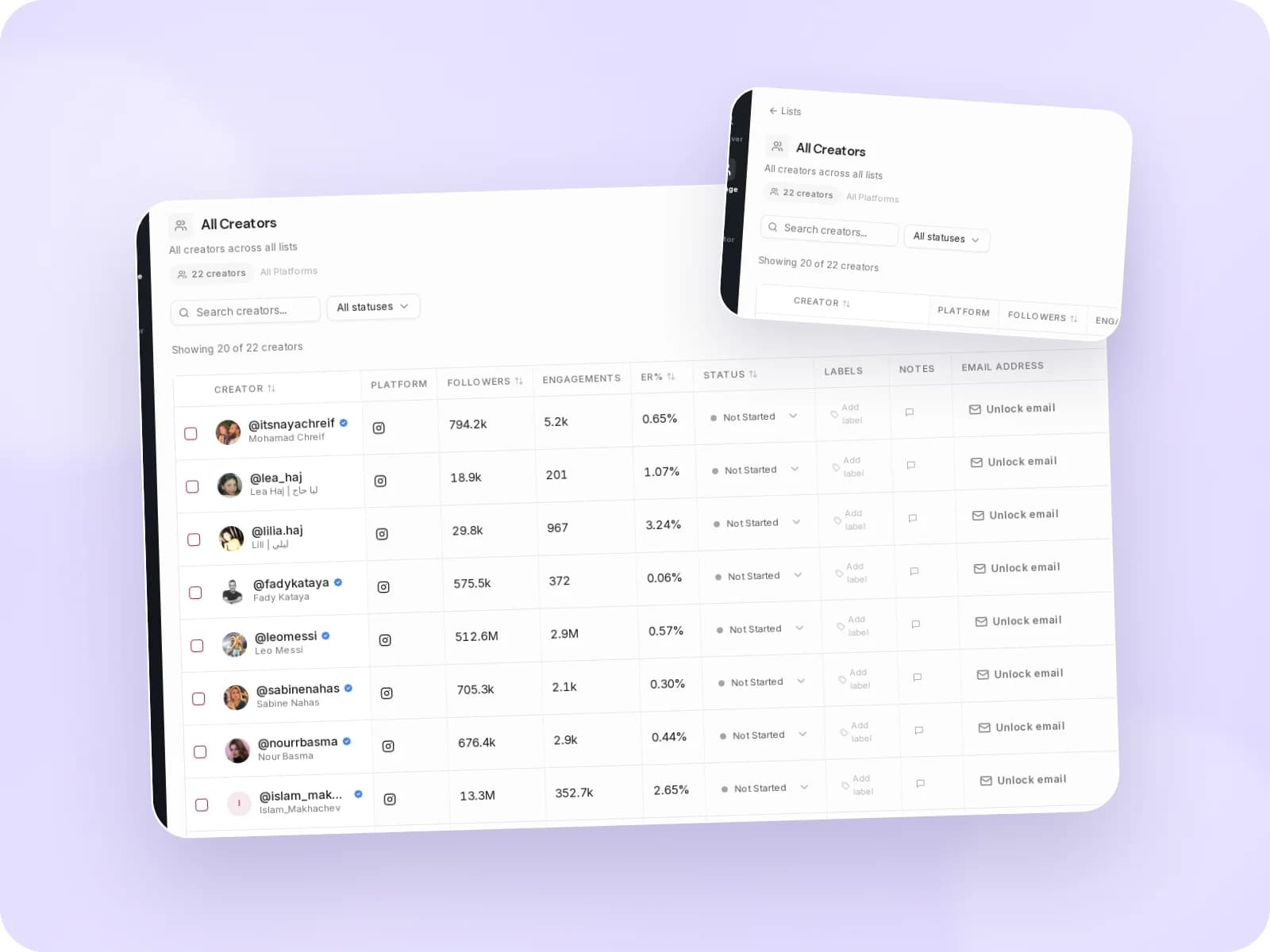 Leewou shortlist table with creator vetting statuses and team notes