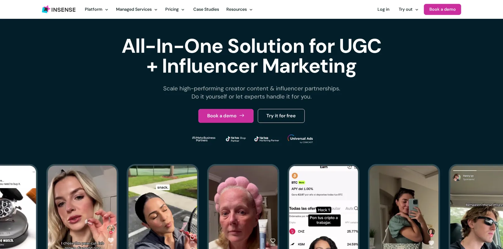 Insense homepage, the UGC and creator ads platform built around Meta and TikTok partnerships
