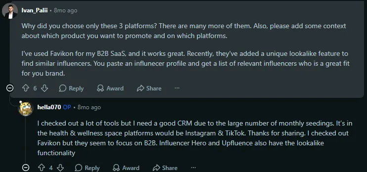 Screenshot of the Reddit exchange where Favikon is recommended for B2B SaaS and ruled out for consumer seeding