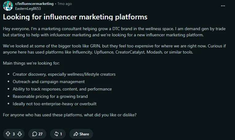 Screenshot of the Reddit thread where a consultant says GRIN feels too expensive for their stage