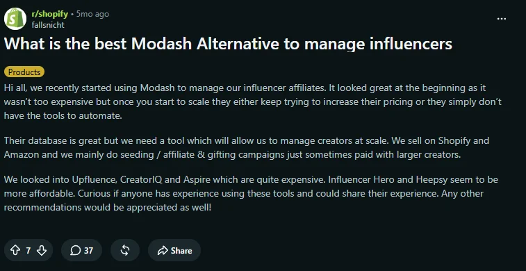 Screenshot of the r/shopify Reddit thread on Modash pricing and CRM limitations