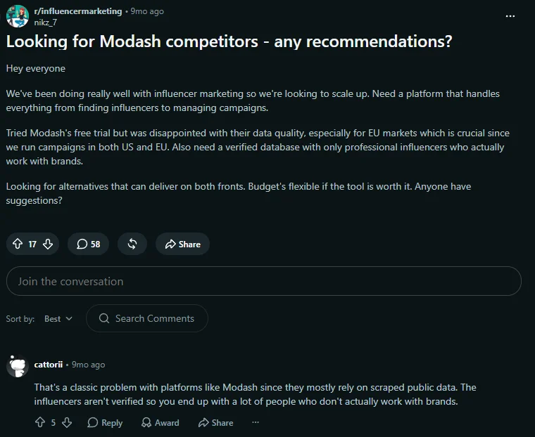 Screenshot of the r/influencermarketing Reddit thread asking for Modash competitor recommendations