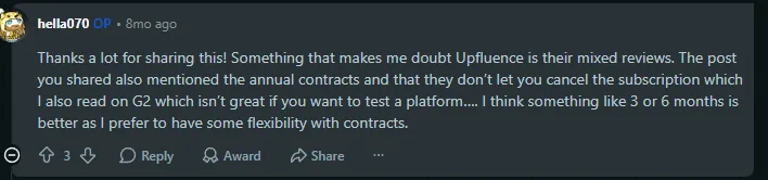 Screenshot of the Reddit comment about Upfluence annual contracts and cancellation concerns