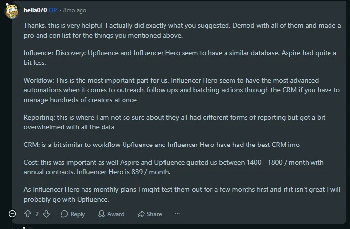 Screenshot of the r/influencermarketing thread showing Upfluence and Aspire quotes of 1400 to 1800 per month