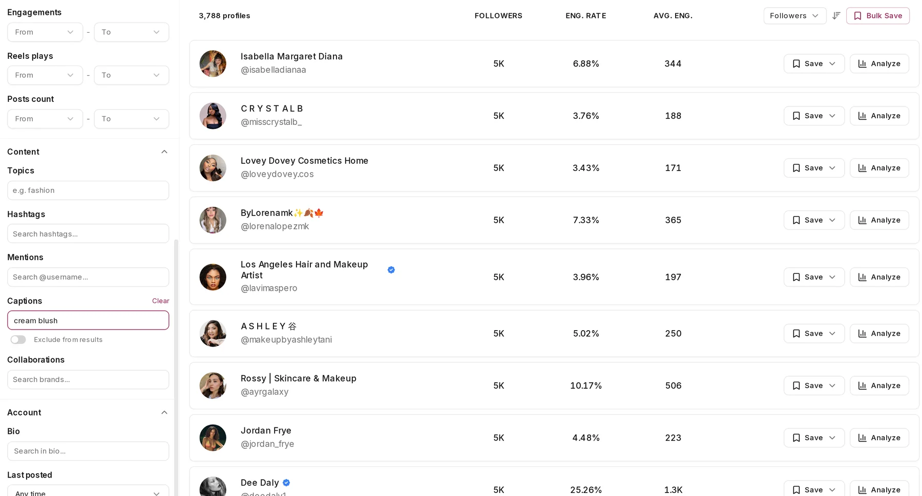 Leewou captions filter set to cream blush, narrowing the search to 3,788 US beauty creators with engagement rates between 3 and 25 percent