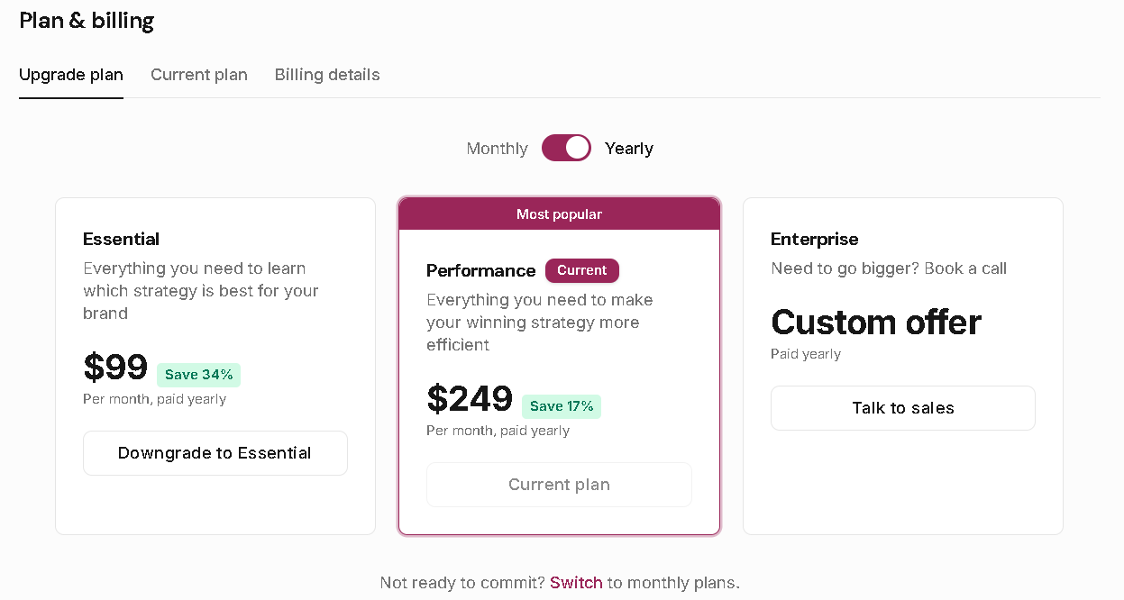 Leewou billing upgrade page showing Essentials, Performance, and Enterprise plan cards with monthly and yearly toggle
