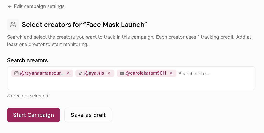 Leewou creator selection step for starting a campaign with tracked creators