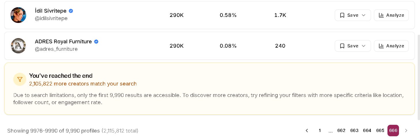 Leewou creator search warning showing accessible result limit for a broad search