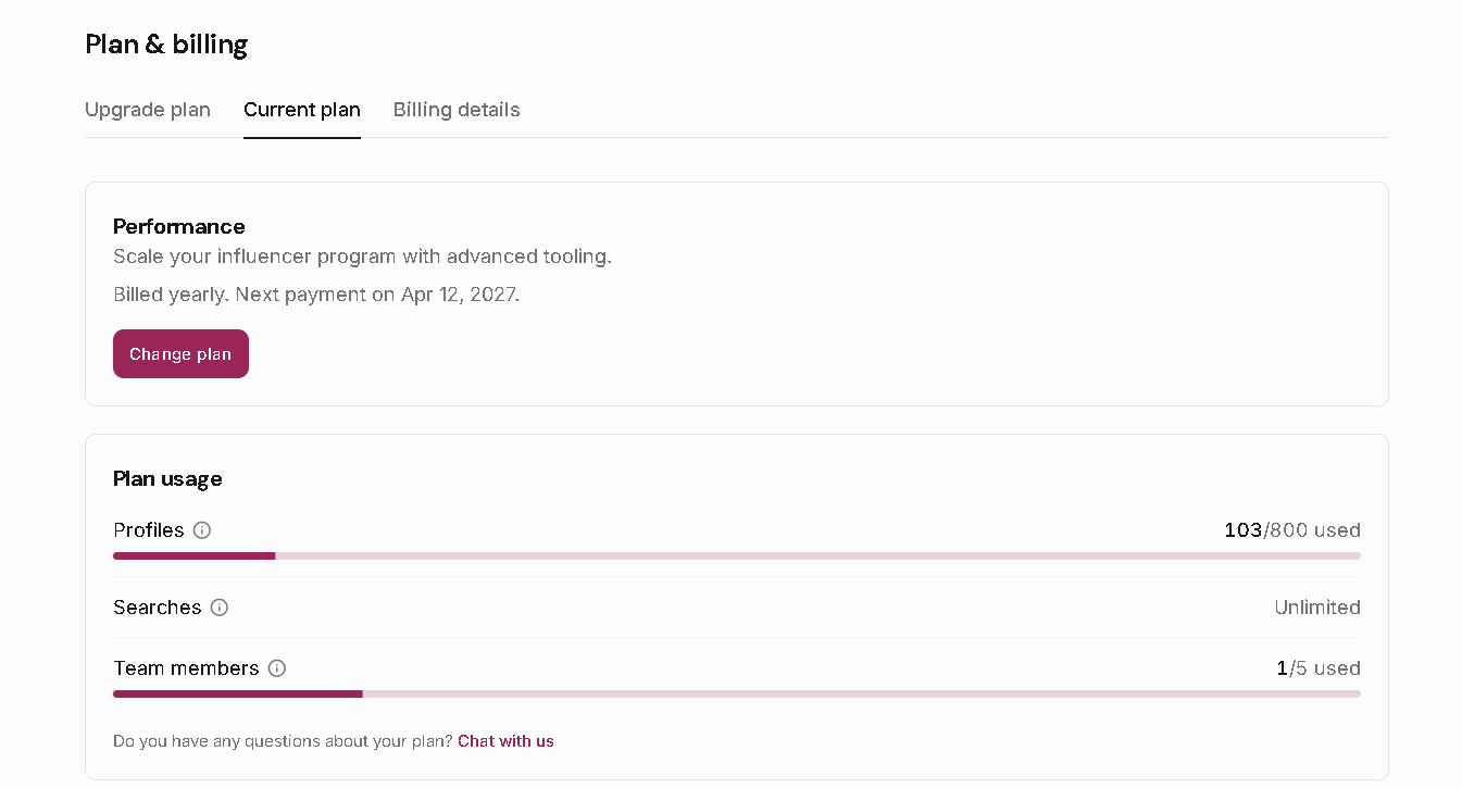 Leewou billing page showing search credits and profile analysis credits usage