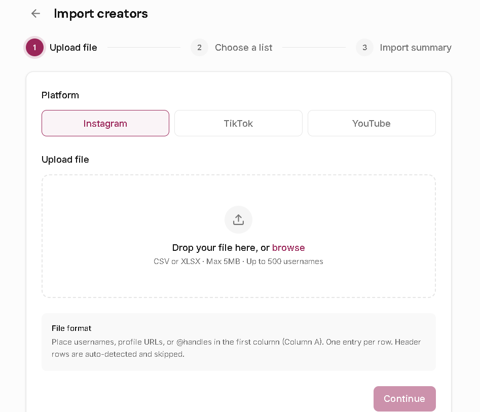 Leewou import creators upload step with platform selector and CSV or Excel upload area