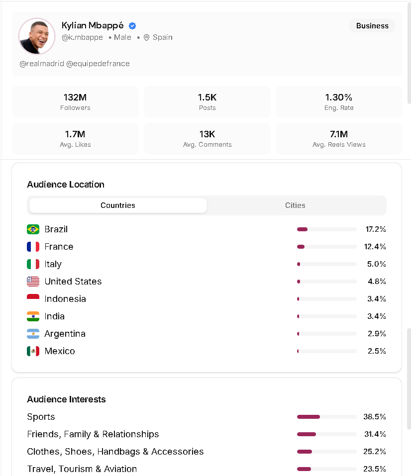 Creator analytics panel showing audience and profile insights from a lookalike result